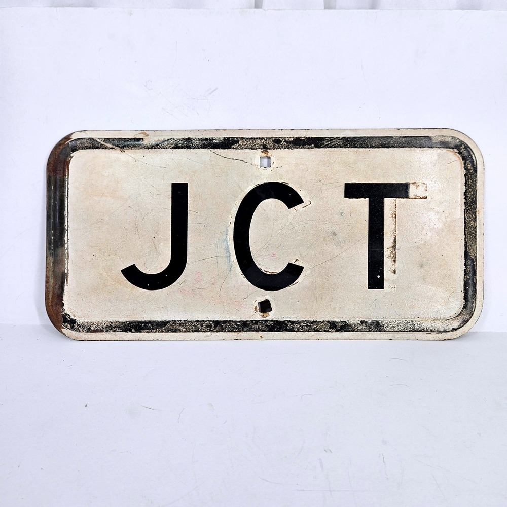 Vintage Metal JCT Junction Road Sign White Black Embossed Letters 16x8 Highway